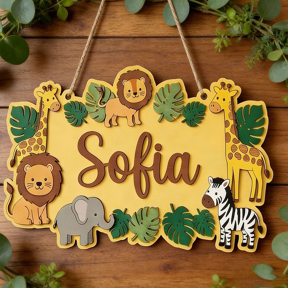 Baby Nursery Yellow - Personalisiertes Safari-Namensschild, niedliche gelbe Dschungel-Holzdekoration für
