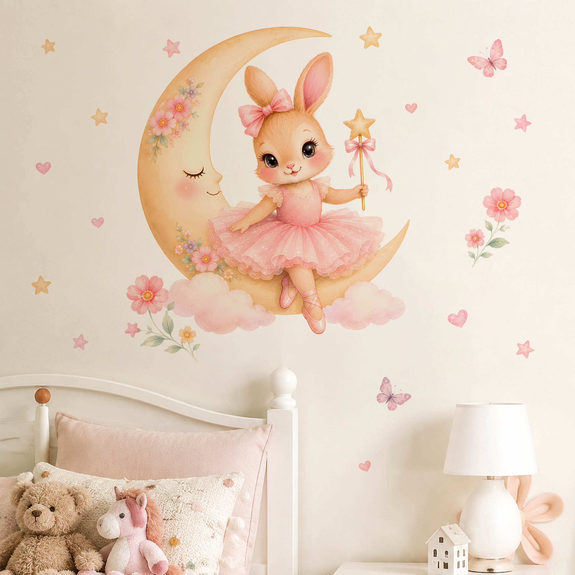 Baby Girl Nursery Quotes - Aquarell Ballerina Häschen Mond Wandaufkleber Rosa