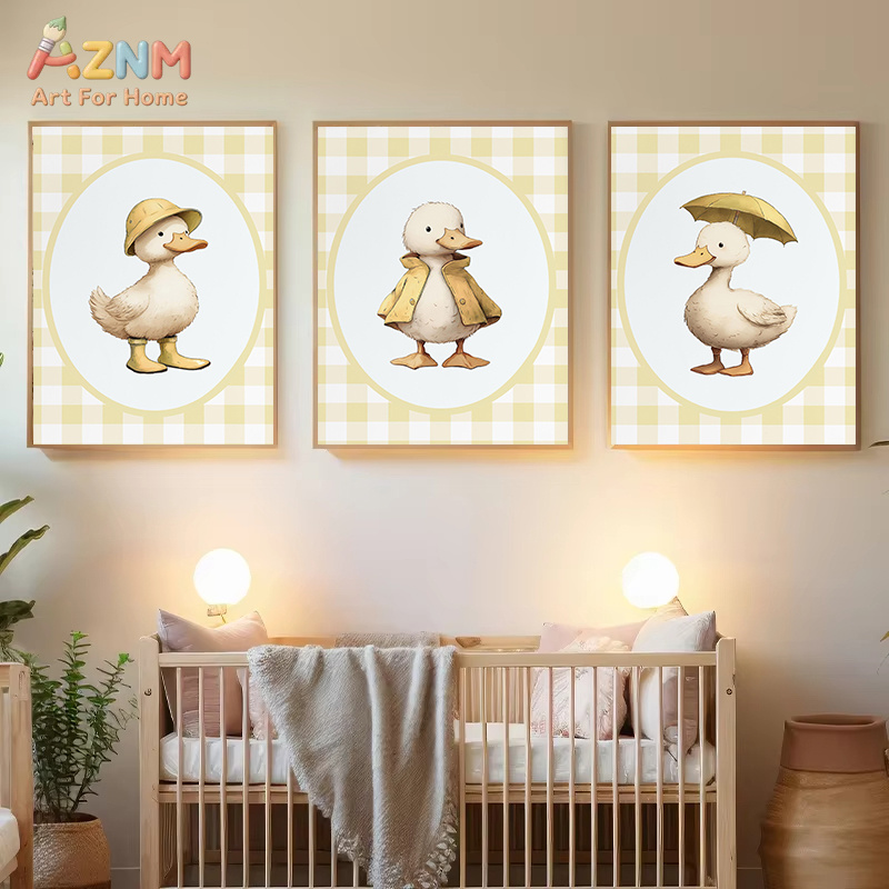 Baby Nursery Yellow - AZNM Niedliche Enten-Leinwand-Wandkunst, gelber karierter Hintergrund,