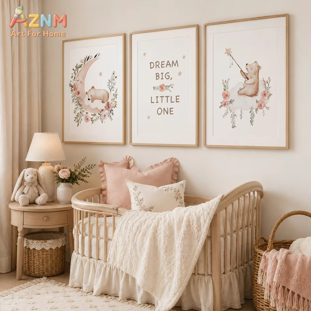 Baby Girl Nursery Quotes - AZNM Kinderzimmer-Blumen-Wandkunst, niedliches Teddybär-Mond-Zitat-Leinwandbild, Baby-Posterdruck für