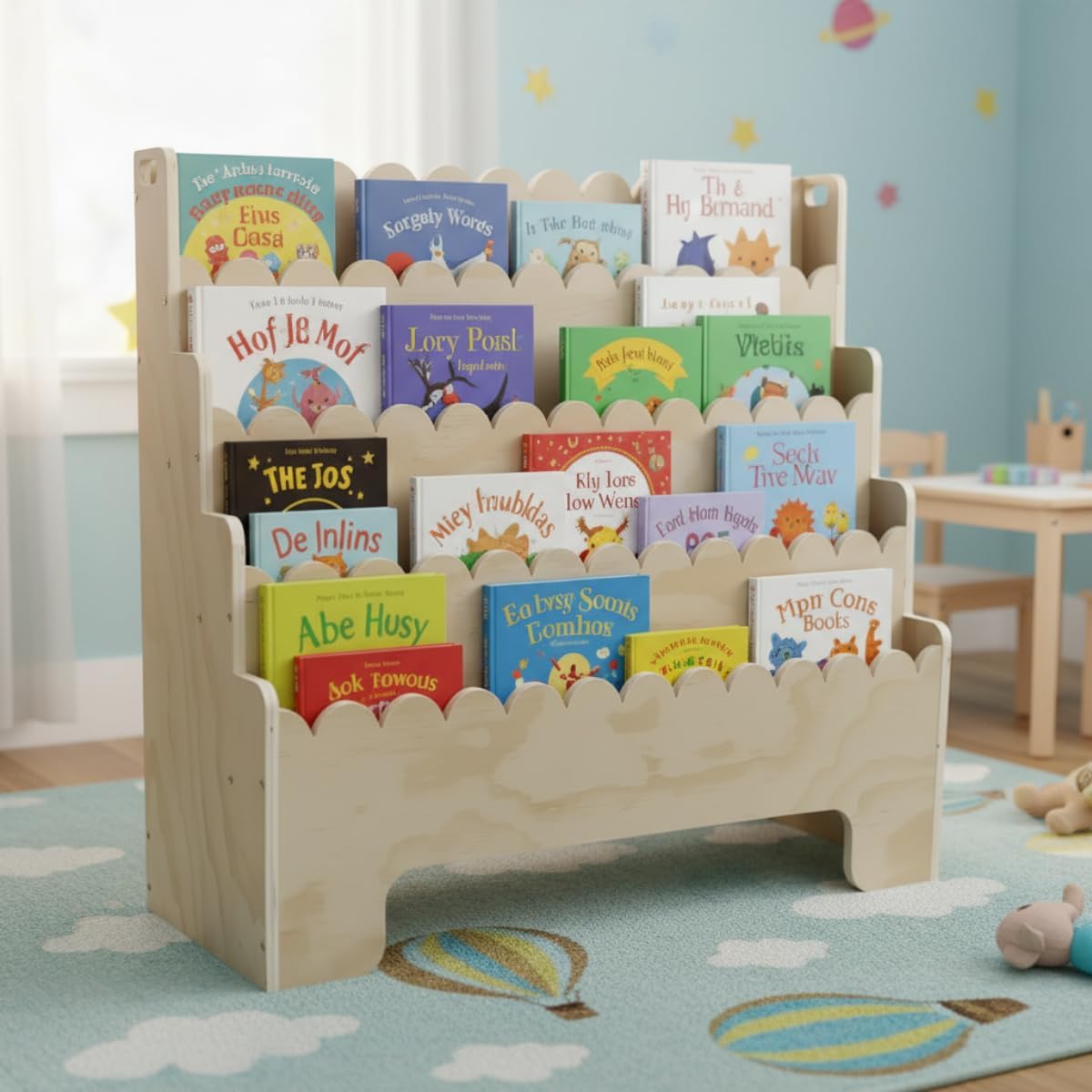Baby Nursery Bookshelf - Kinder-Bücherregal mit 4 Ebenen, Naturholz-Kinderbücherregal, gewelltes