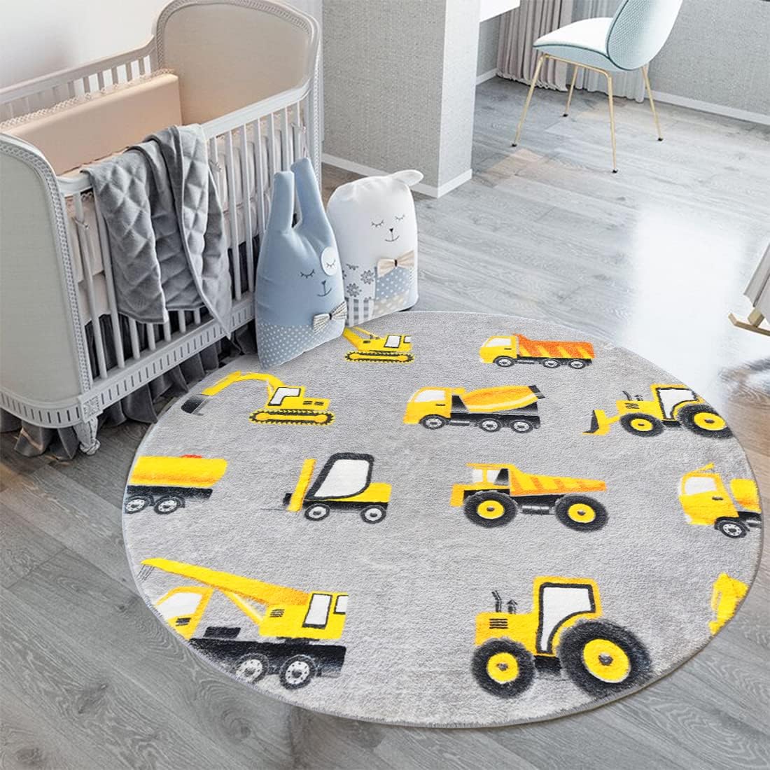 Grauer Baufahrzeug-Rundteppich – Baby Nursery Yellow Bewertung und Preis