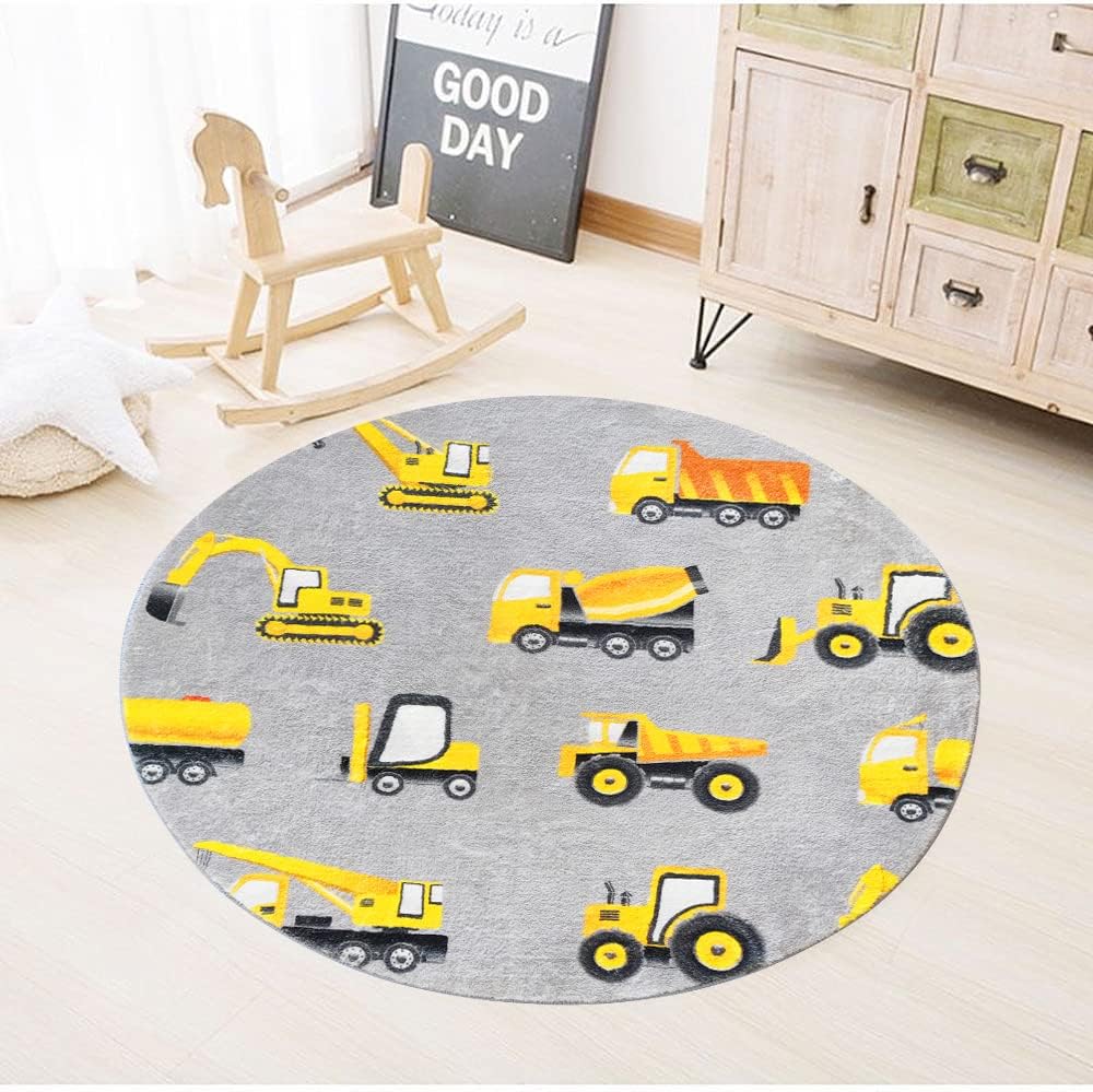Grauer Baufahrzeug-Rundteppich – Baby Nursery Yellow Bewertung und Preis